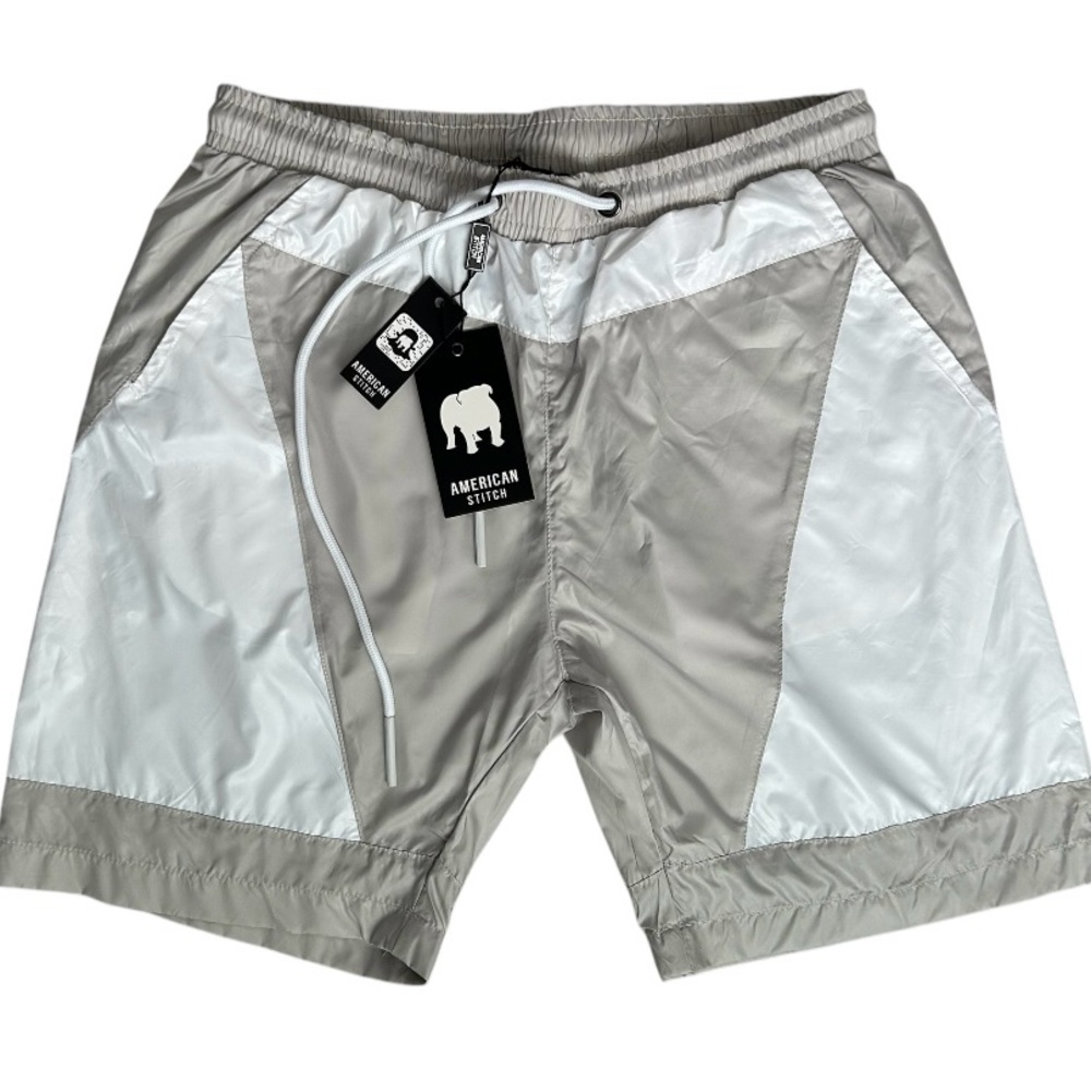 AMERICAN STITCH Men’s Nylon Shorts Gray White Elastic Drawstring Mid Thigh Sz. M